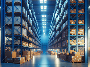 Stock Photo Shelves Blue Warehouse Boxes 2590447887 1