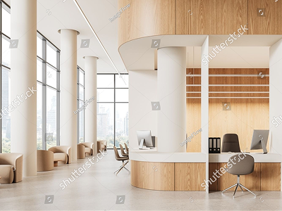 Stock Photo Spacious Reception Area With Wooden And White Decor Featuring Workstations Chairs And Large 2596377097 1