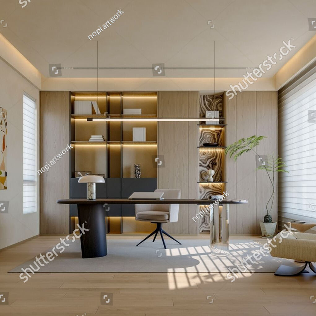 Stock Photo Sophisticated Modern Home Office Interior Featuring A Spacious Desk Ergonomic Chair Custom 2651141901